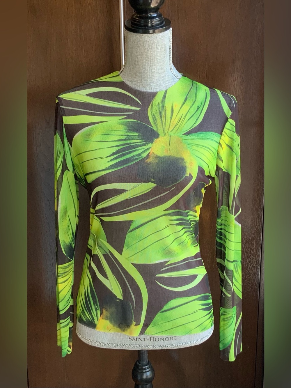 LOUISA BALLOU Mesh Green Floral Print Long-Sleeve Top